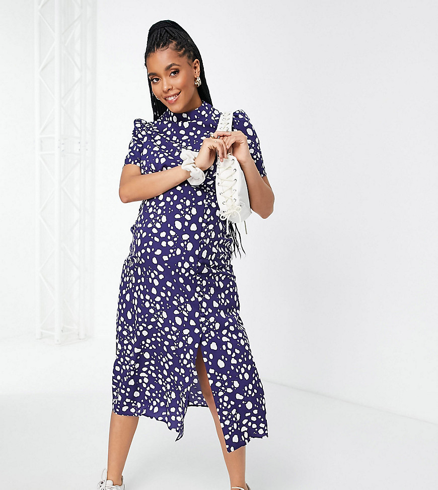 ASOS DESIGN Maternity high neck with buttons tea dress in blue spot print-Multi