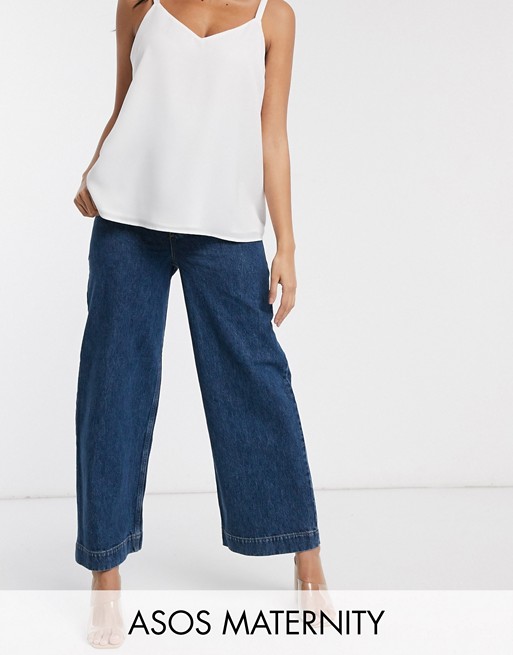 ASOS DESIGN Maternity high rise 'easy' wide leg jeans in mid wash blue with over the bump waistband