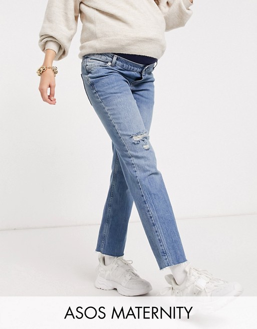 ASOS DESIGN Maternity high rise stretch 'effortless' crop kick flare jeans in midwash with thigh rip and over the bump w
