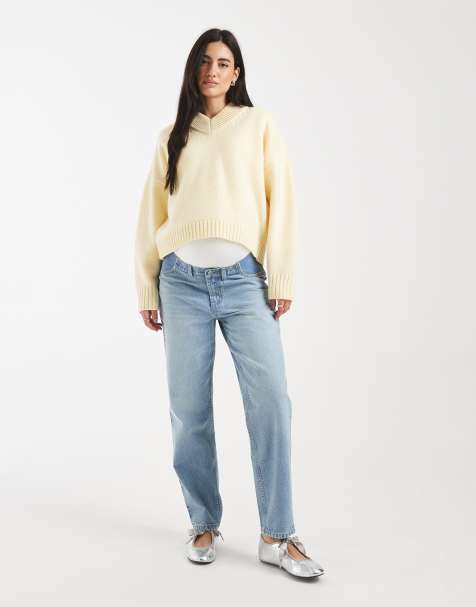 ASOS DESIGN Maternity high rise relaxed mom jean in mid blue