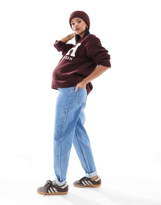 ASOS DESIGN Maternity high rise relaxed mom jeans in clean blue