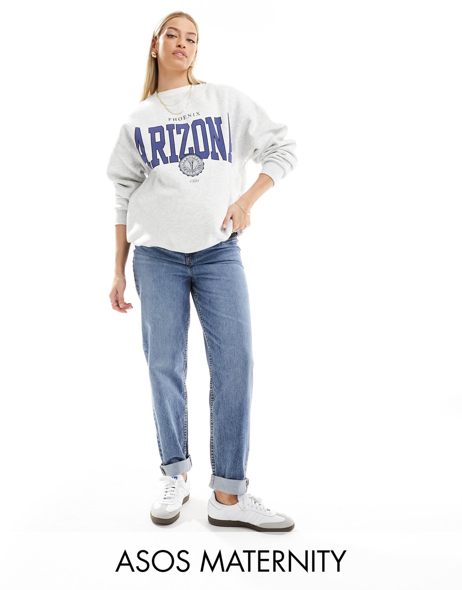 asos design maternity high rise relaxed mom jeans in mid blue