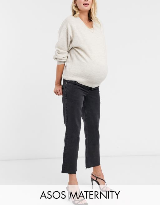 ASOS DESIGN Maternity high rise stretch 'effortless' crop kick flare jeans  in black with over the bump waistband