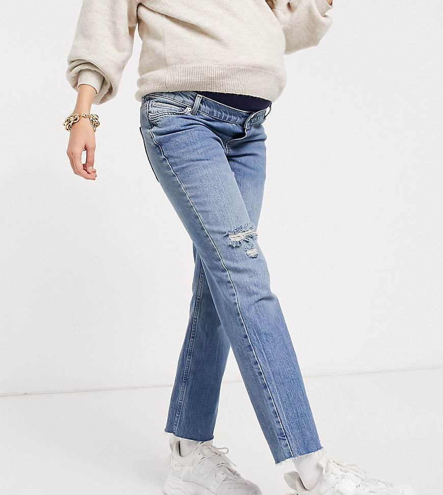 ASOS DESIGN Maternity high rise stretch 'effortless' crop kick flare jeans in midwash with thigh rip and over the bump waistband-Blues
