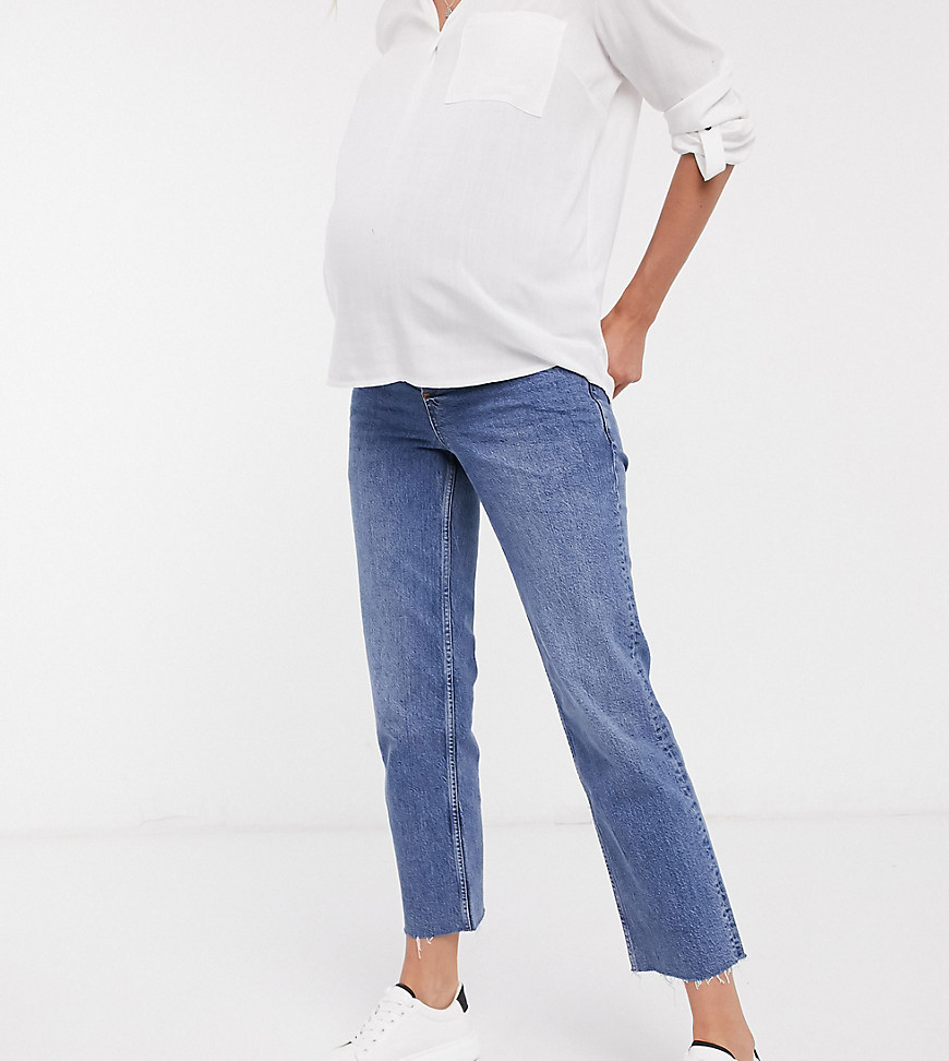 ASOS DESIGN Maternity high rise stretch 'effortless' crop kick flare jeans in vintage midwash with over the bump band-Blues