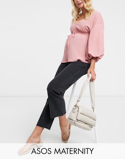 ASOS DESIGN Maternity high rise stretch 'effortless' crop kick flare jeans in washed black with over the bump band