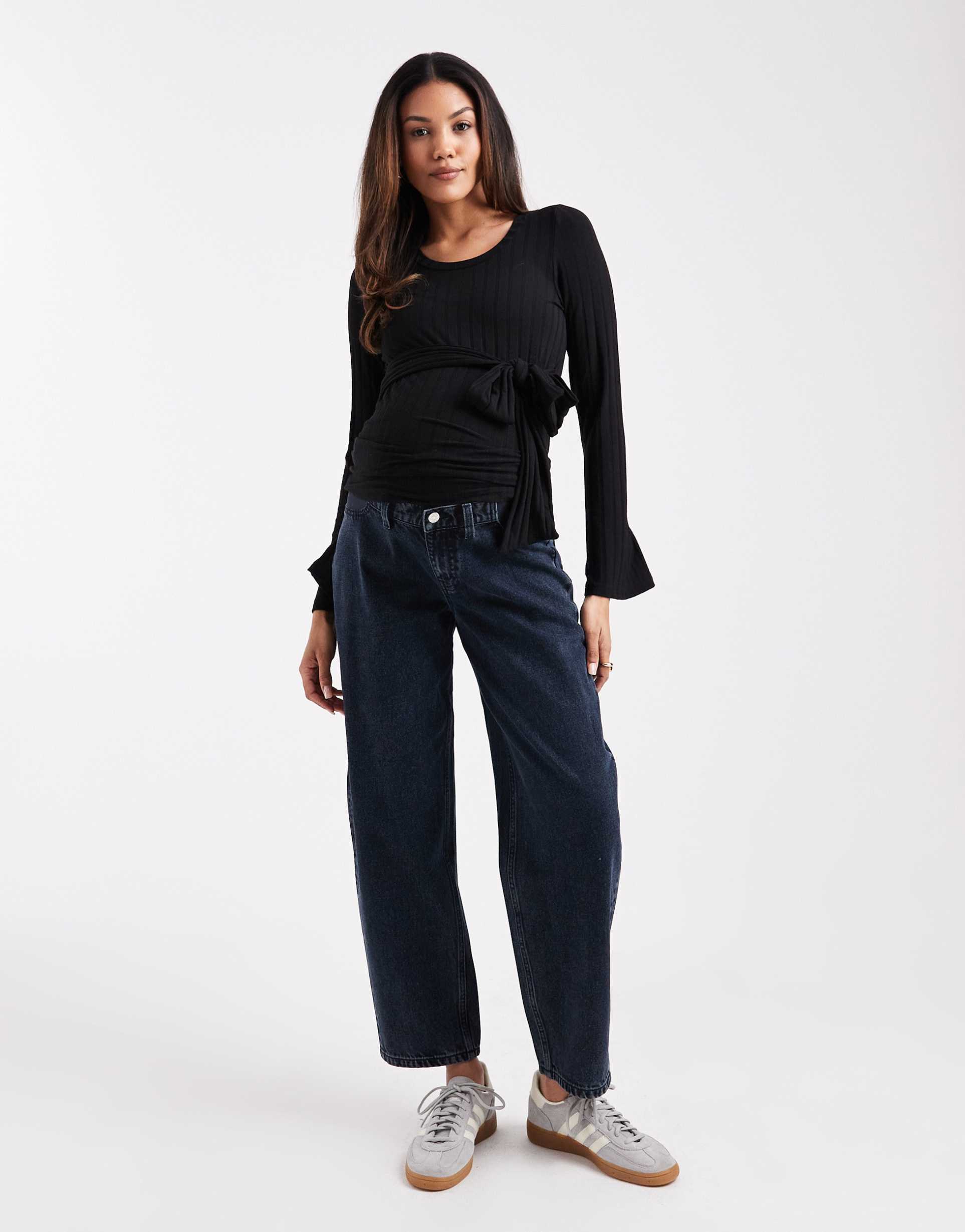 asos design maternity high waisted barrel leg jeans in blue black