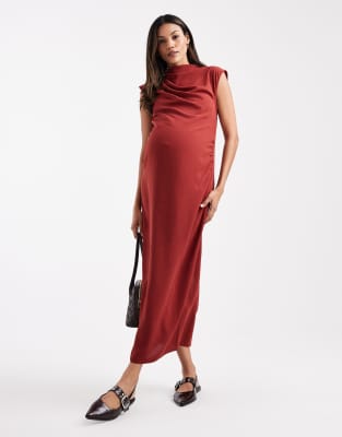 ASOS DESIGN Maternity - Hochgeschlossenes, ärmelloses Midikleid in Rostrot mit drapiertem Ausschnitt-Bunt