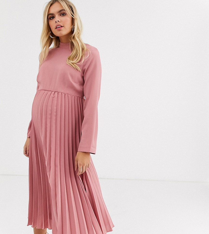 ASOS DESIGN Maternity - Hoogsluitende geplooide midi-jurk in roze