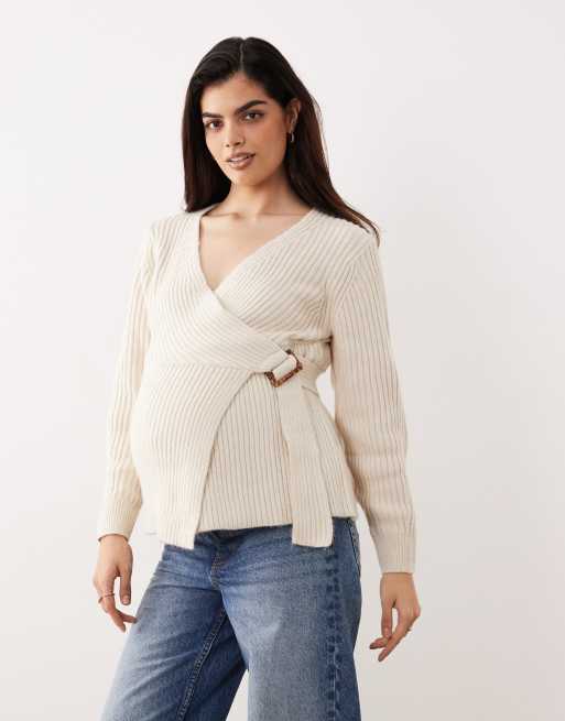 ASOS DESIGN Maternity – Jasnobeżowy kopertowy kardigan, 3 z 4