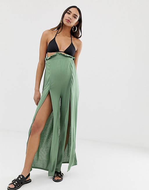 ASOS DESIGN Maternity jersey beach split front trousers with paperbag waist in khaki