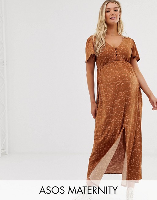 ASOS DESIGN Maternity jersey crepe maxi tea dress with self covered buttons in brown spot