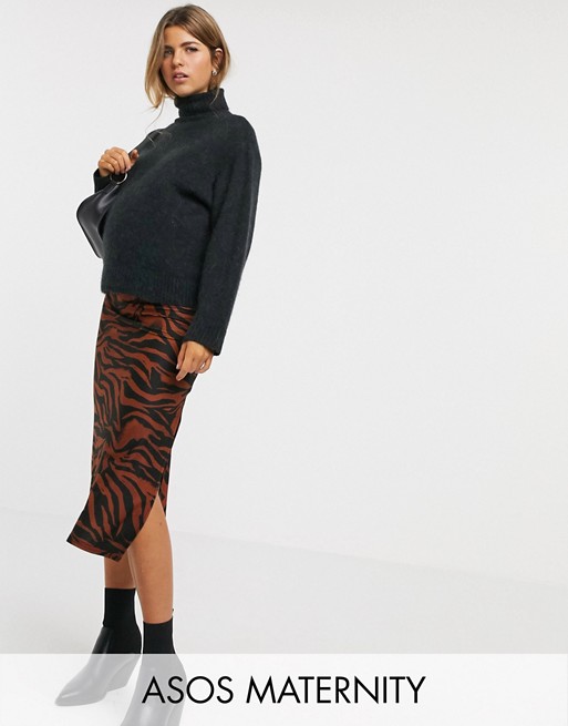 ASOS DESIGN Maternity jersey midi bias skirt with split in zebra print