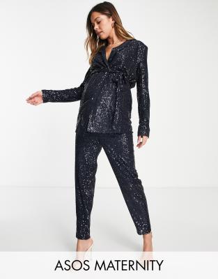 ASOS DESIGN Maternity jersey sequin suit wrap blazer in midnight navy
