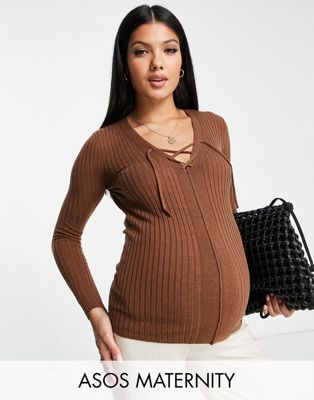 ASOS DESIGN Maternity jumper with lace up detail in brown