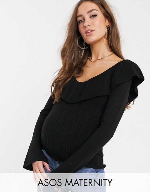 ASOS DESIGN Maternity jumper with ruffle front and v back