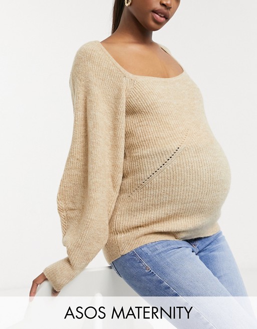 ASOS DESIGN Maternity jumper with square neck and volume sleeve in oatmeal