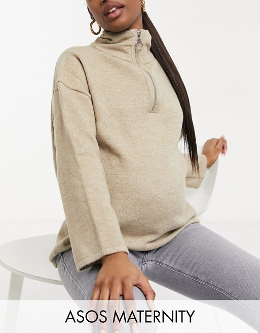 ASOS DESIGN Maternity jumper with zip through and wide sleeves in stone