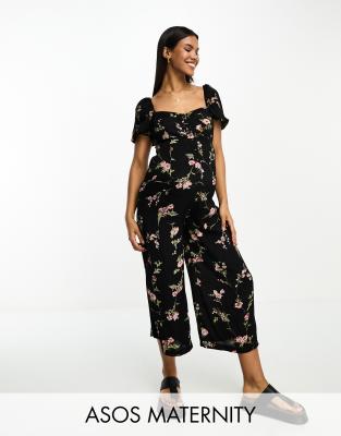 ASOS DESIGN Maternity - Jumpsuit im Milchmädchen-Stil mit Blumenmuster-Bunt