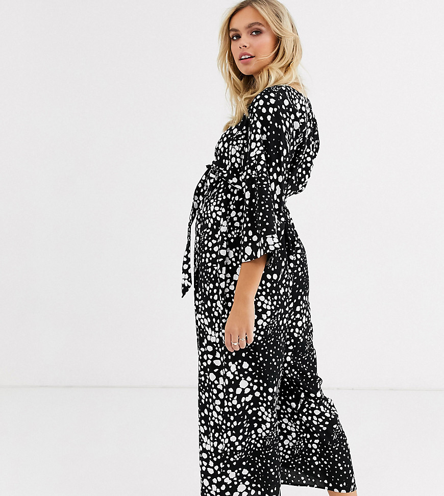 ASOS DESIGN Maternity - Jumpsuit met strikceintuur in zwart met dierenprint-Multi
