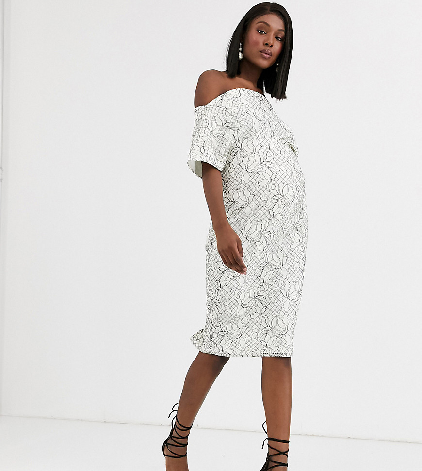 ASOS DESIGN Maternity - Kanten midi-jurk met verlaagde schouders in zwart-wit-Multi
