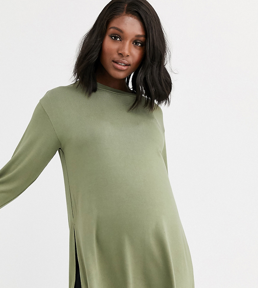 ASOS DESIGN Maternity – Khakifärgad longline-topp i strukturerad jersey med lång ärm-Grön