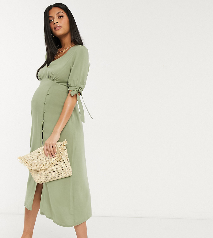 ASOS DESIGN Maternity – Khakifärgad tea-klänning i midilängd med v-ringning, knappar och knytning på ärmarna-Grön