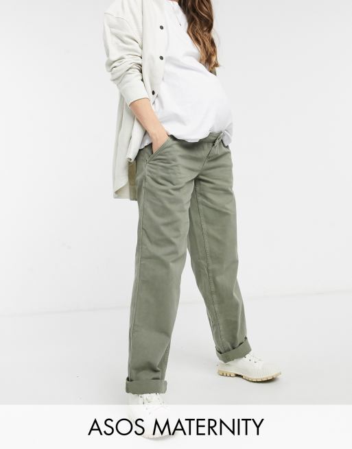 ASOS DESIGN Maternity – Khakifärgade chinos i slouchy modell med mudd över magen 