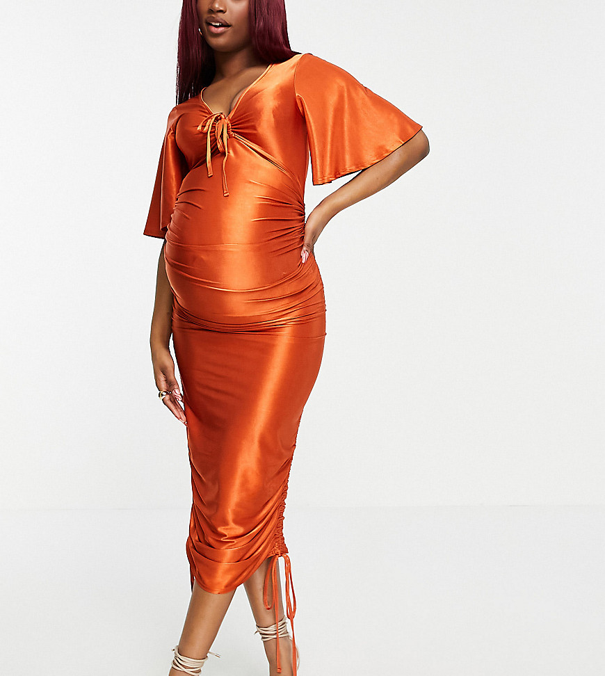 ASOS DESIGN Maternity kimono sleeve stretch satin tie front ruched mini dress in rust-Brown