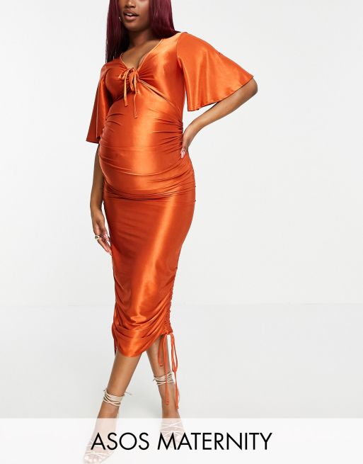 ASOS DESIGN Maternity kimono sleeve stretch satin tie front ruched dress in rust | ASOS