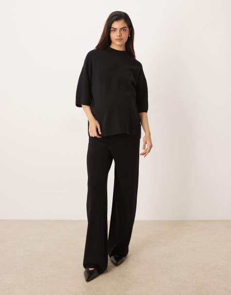 ASOS DESIGN Maternity knit compact structured oversized T-shirt in black - part of a set - view 1