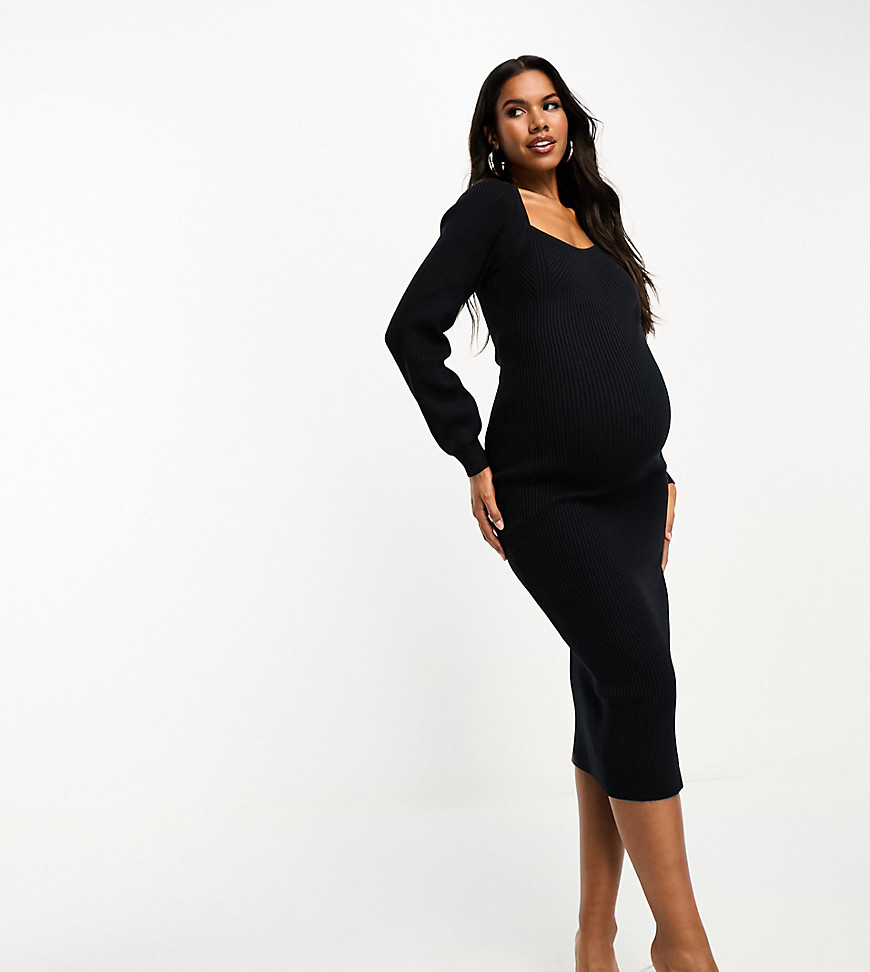 Asos Maternity Asos Design Maternity Knit Midi Dress With Sweetheart Neck In Black