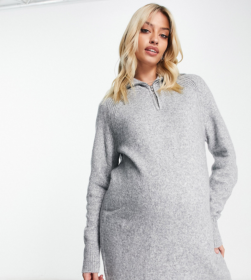 ASOS DESIGN Maternity knit mini dress with zip collar in heather gray