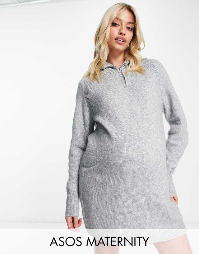 ASOS DESIGN Maternity knit mini dress with zip collar in heather gray