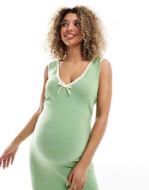 ASOS DESIGN Maternity knit moss stitch maxi dress in green with contrast  trim in cream | ASOS