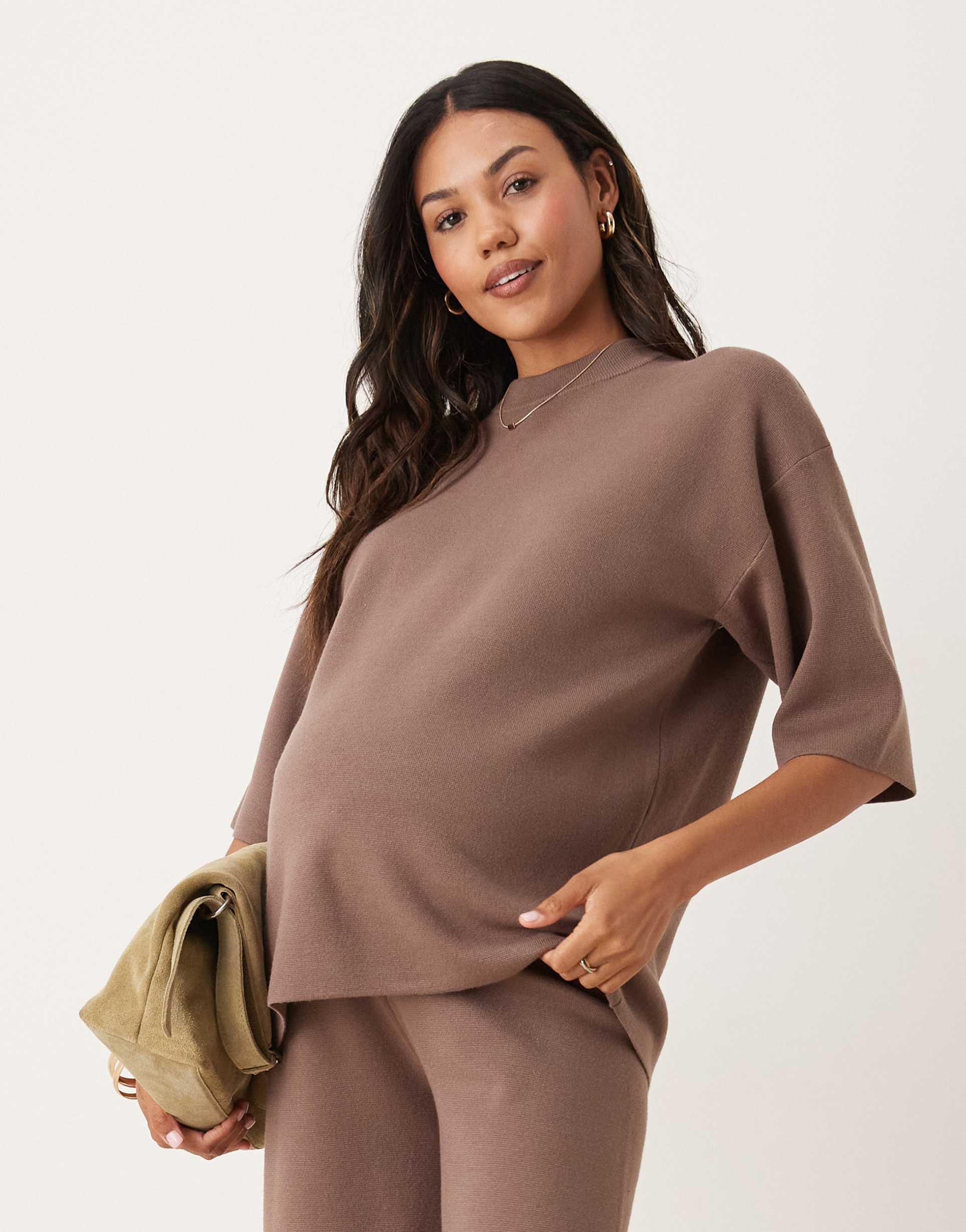 asos design maternity knit structured oversized t-shirt in mocha
