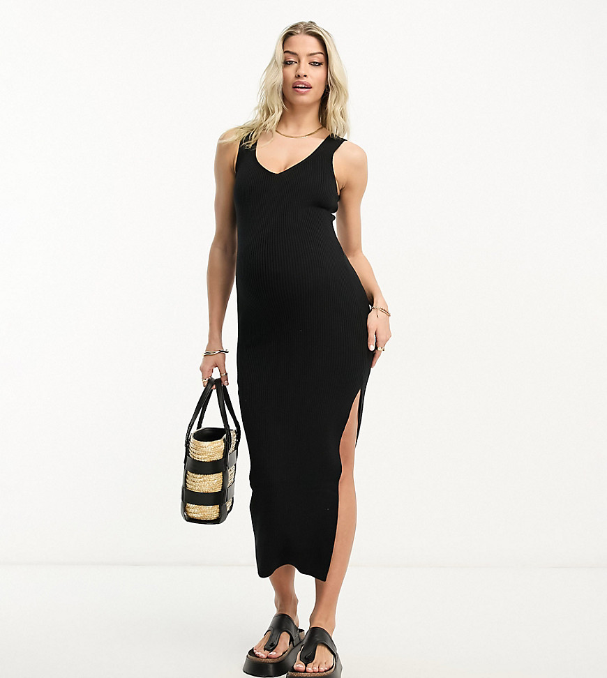 Asos Maternity Asos Design Maternity Knit V Neck Midi Dress In Black
