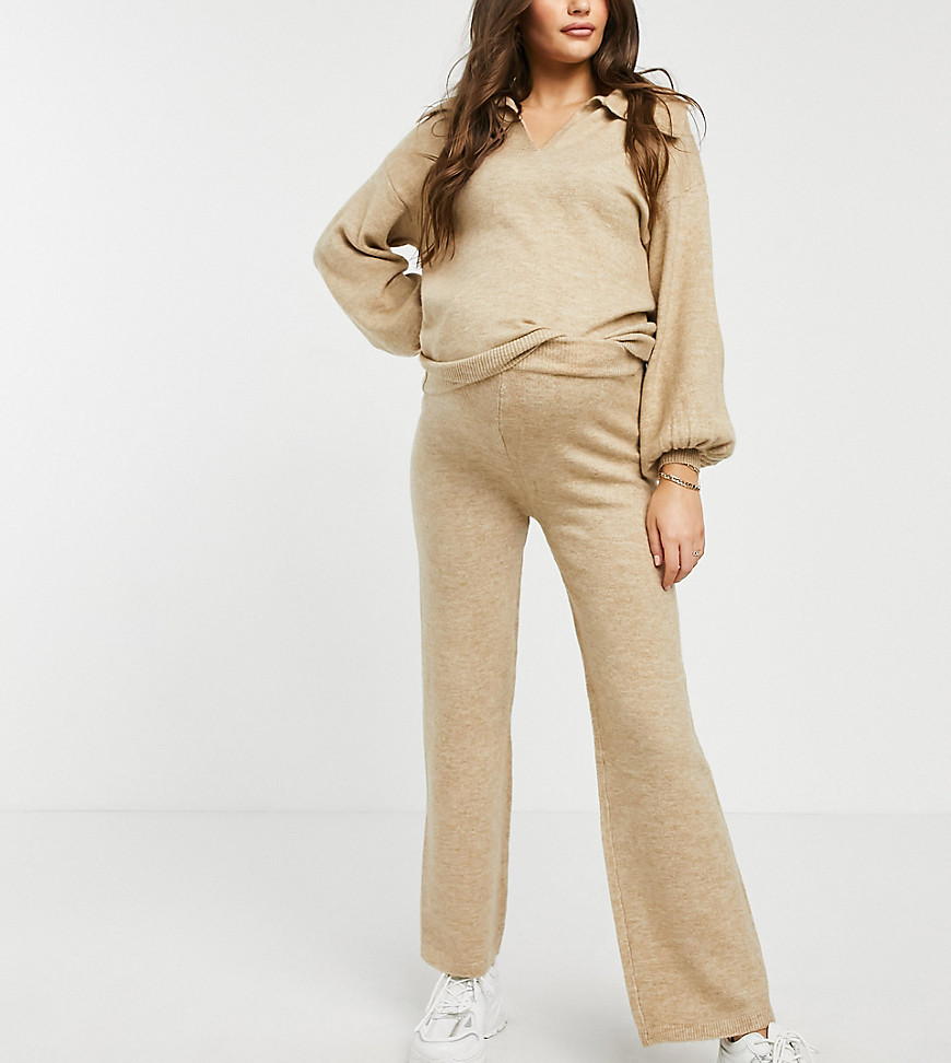 ASOS DESIGN Maternity knit wide leg pants in oatmeal - part of a set-Neutral