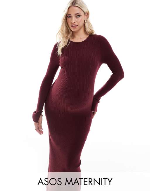 ASOS DESIGN Maternity knitted crew neck maxi dress with cuff splits in burgundy BROWN ASOS