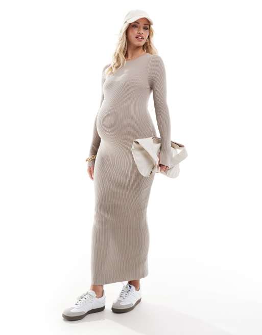 ASOS DESIGN Maternity knitted crew neck maxi dress with cuff splits in stone STONE