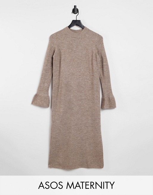 ASOS DESIGN Maternity knitted dress with bell sleeve detail in taupe
