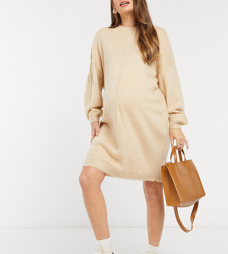 ASOS DESIGN Maternity knitted dress with brushed yarn in oatmeal-Grey