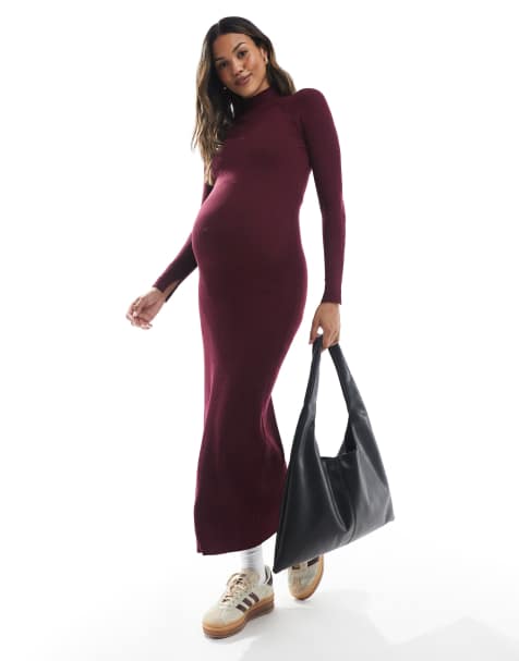ASOS DESIGN Maternity knitted fine gauge maxi dress with rib detail in burgundy - view 1