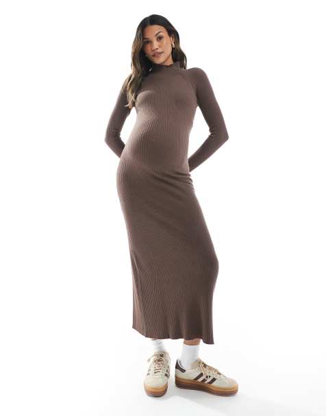 ASOS DESIGN Maternity knitted fine gauge maxi dress with rib detail in mocha - view 1