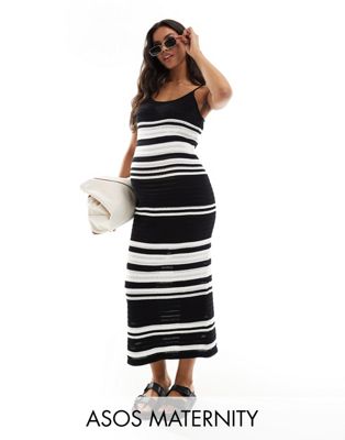 ASOS DESIGN Maternity knitted maxi dress in stripe in black and cream