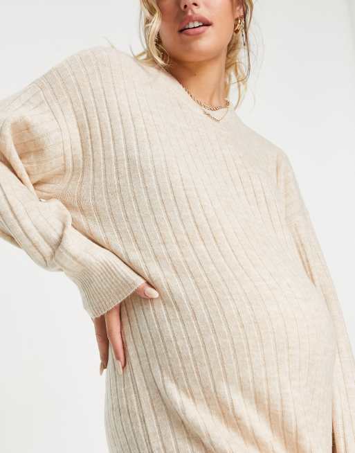 ASOS DESIGN knitted maxi jumper dress in cable in oatmeal