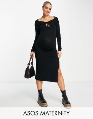 Asos Maternity Asos Design Maternity Knitted Midi Dress With Cross Over Strap Detail In Black