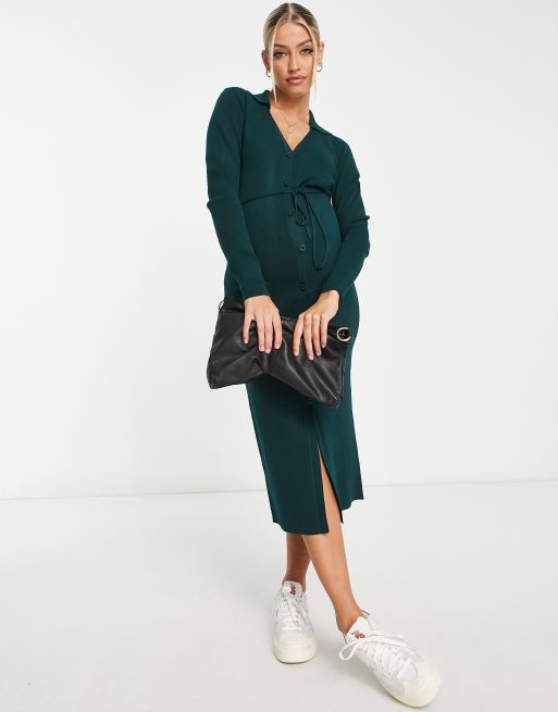 ASOS DESIGN Maternity knitted midi dress with open collar and tie waist in dark green