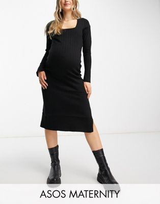 ASOS DESIGN Maternity knitted midi dress with square neck in black  - ASOS Price Checker