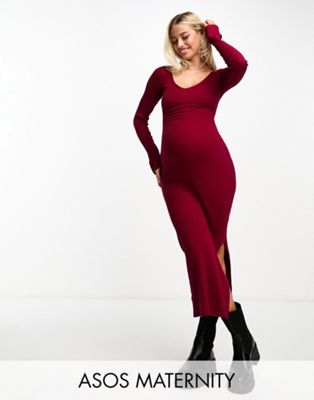 ASOS DESIGN Maternity knitted midi dress with v neck in rib in dark red | ASOS